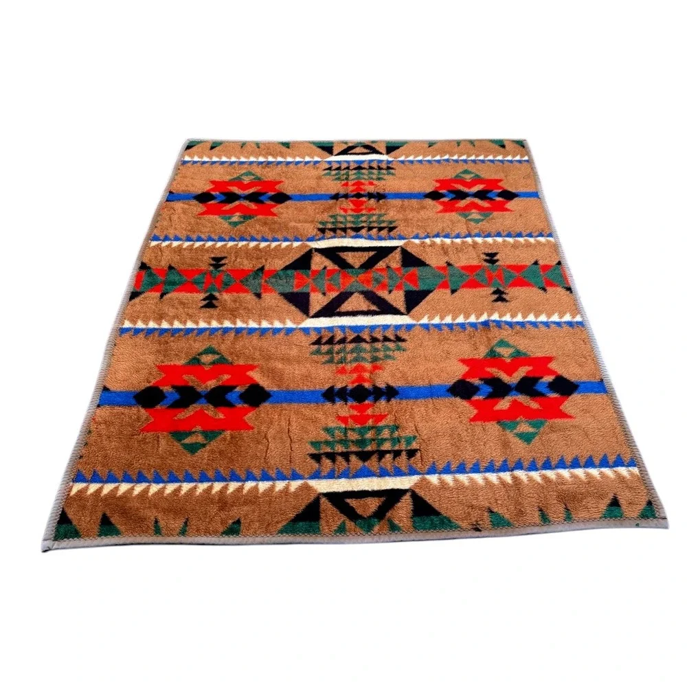 Vintage 1989 Crown Crafts‎ Southwestern Aztec Plush Blanket 60x80 Brown Turkey