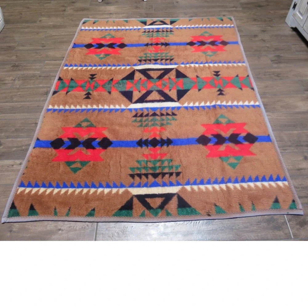 Vintage 1989 Crown Crafts‎ Southwestern Aztec Plush Blanket 60x80 Brown Turkey