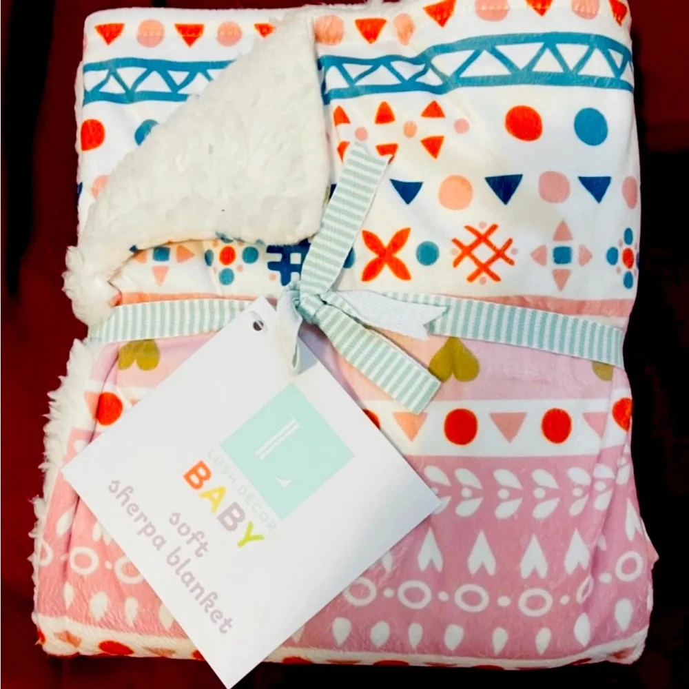 Lush Baby Boho Metallic Hearts Reversible Soft & Oversized Blanket Pink & Orange