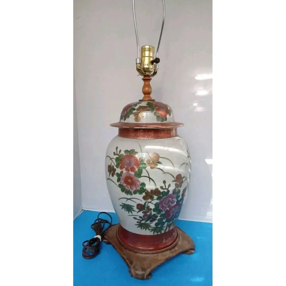 Vintage Floral Ginger Jar Lamp Asian Style Table Lamp Bedside Accent Decor‎