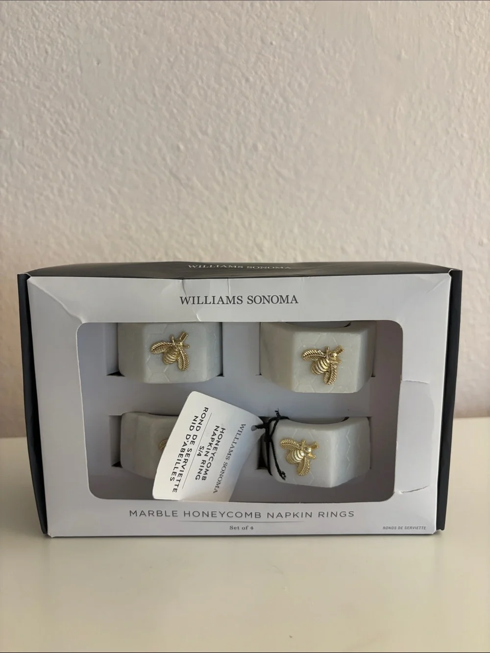 Williams Sonoma White Marble Napkin Rings with Gold Bee Detail