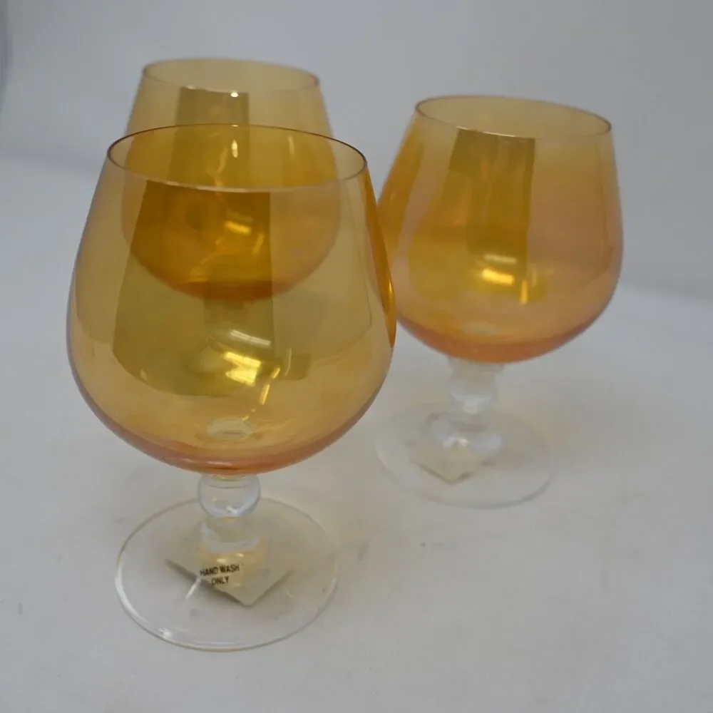 Pier 1 Amber Brandy Snifter Glass Set of 3 Iridescent Hand Wash Only