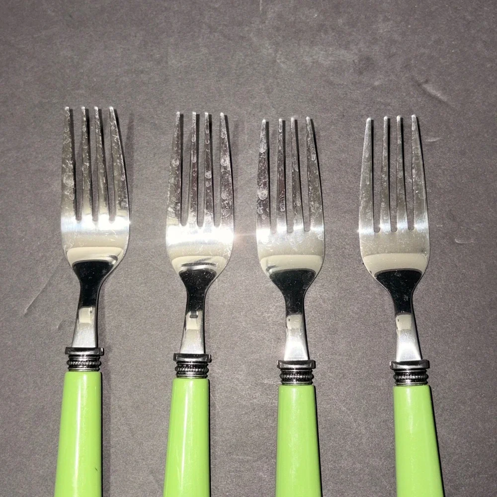 Set/4 Light Green Resin Handle Stainless Steel Salad Forks Beaded Bolster 6.75