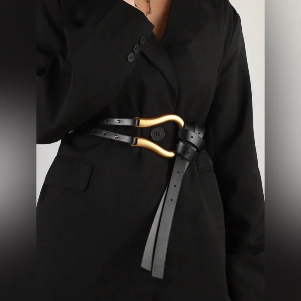 NEW! O/S BLACK Horse-bit  Strappy Belt with Gold Loop Accent