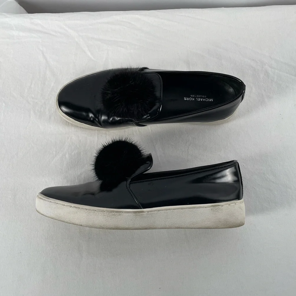 Michael Kors Collection‎ Eddy Patent Leather Pom Pom Sneaker in Black Size 5.5