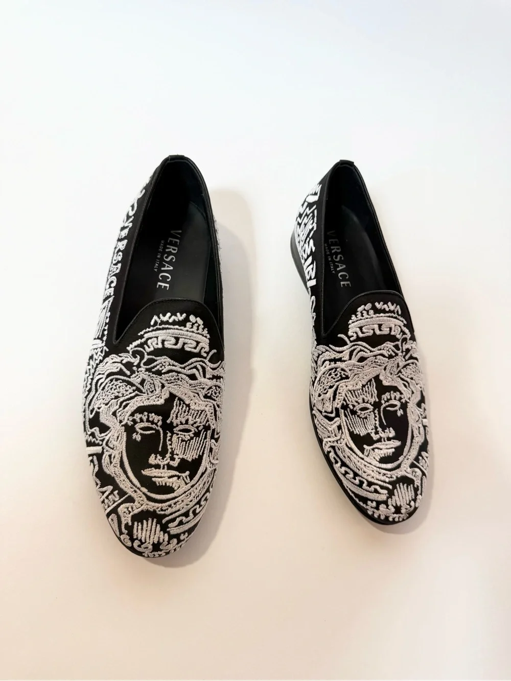 Versace Black & White Embroidered Slip-On Loafers for Men size 40.