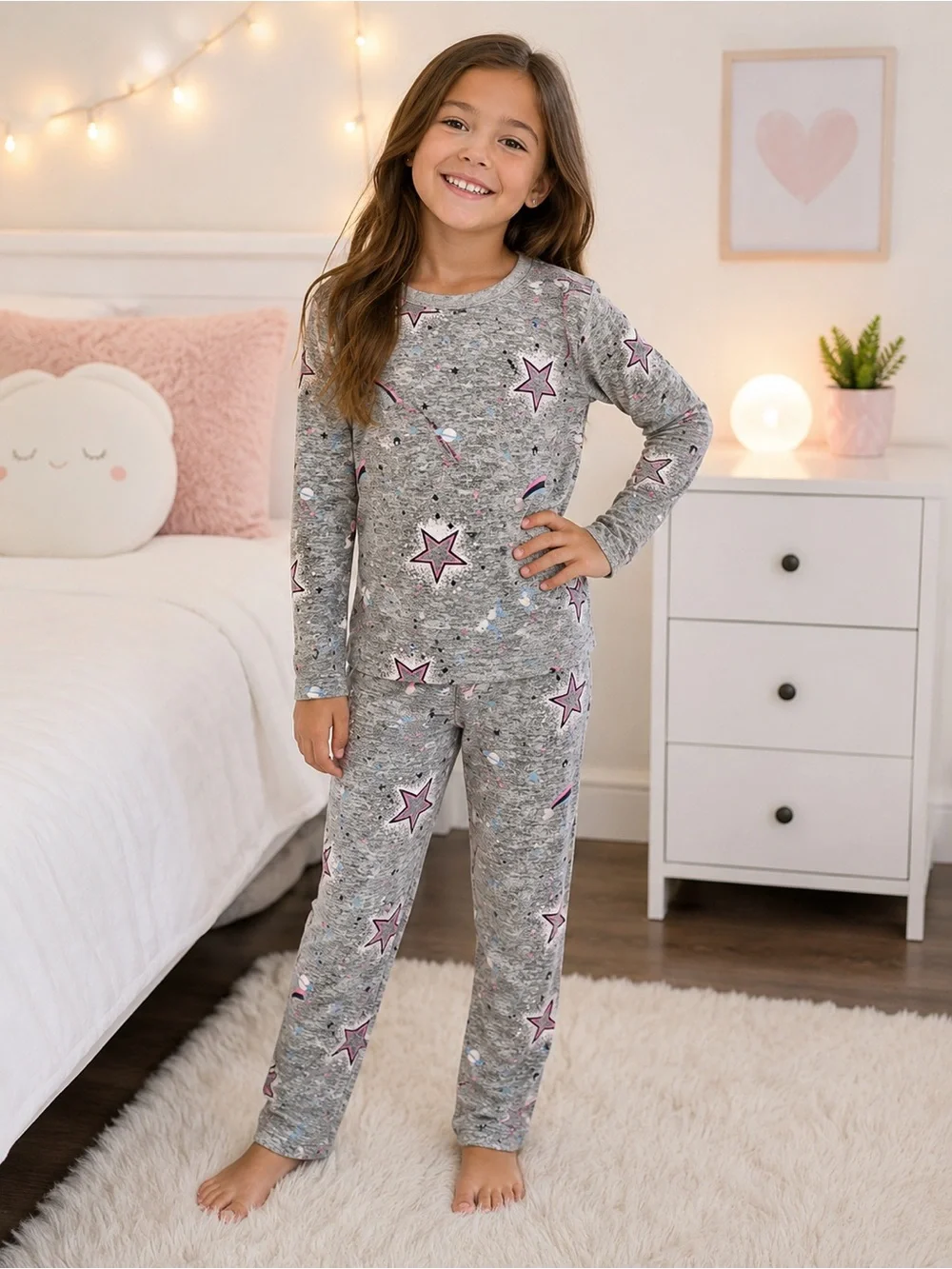 SO Girls' Grey Pajama Set with Purple Star Print
