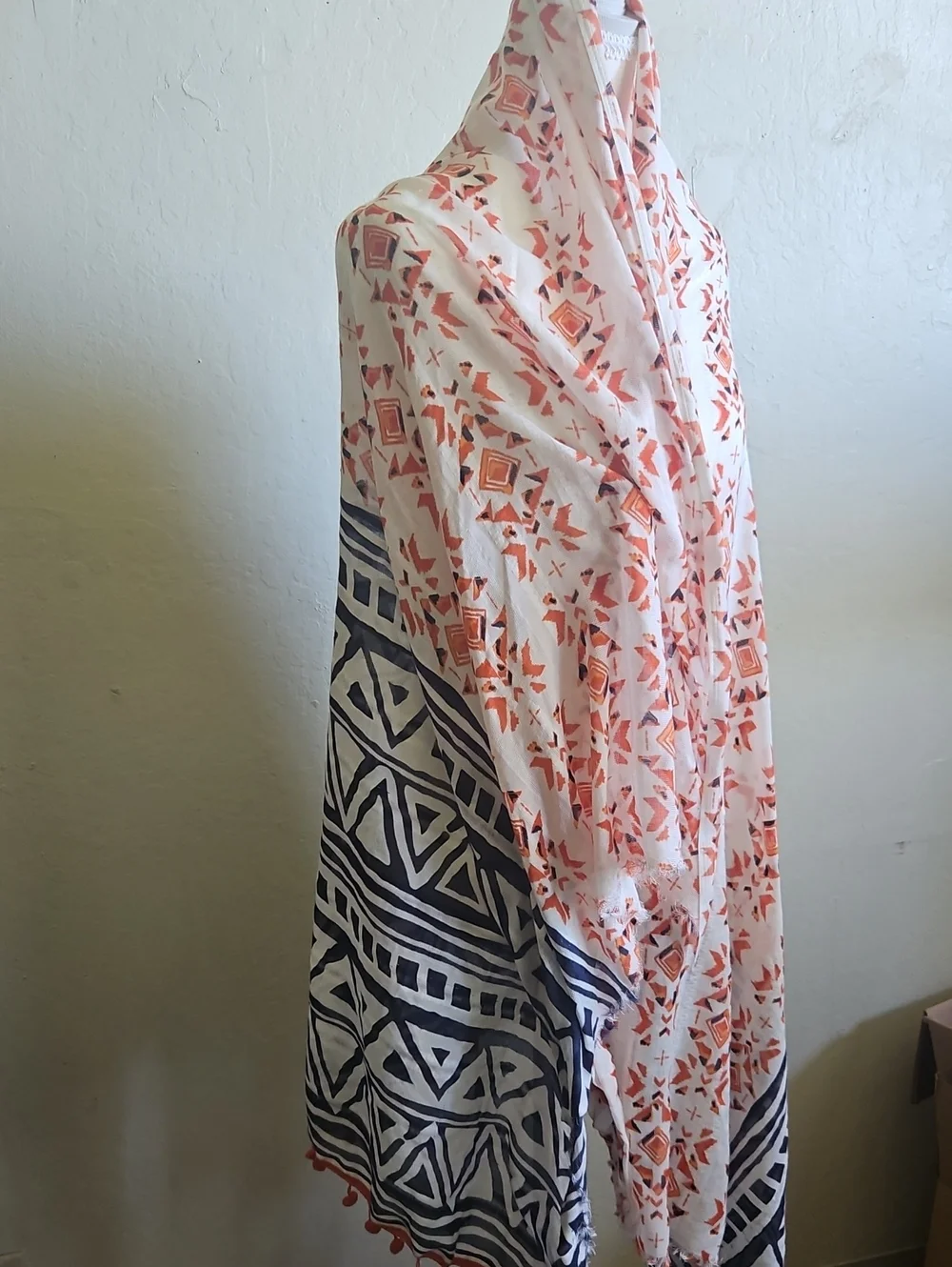 Lightweight Printed Scarf Shawl in White, Coral & Navy