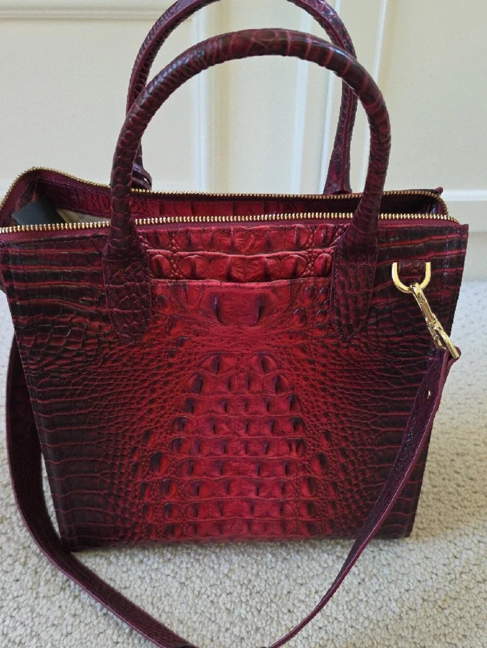 Brahmin Croc-Embossed Satchel in Burgundy Red with Gold Hardware