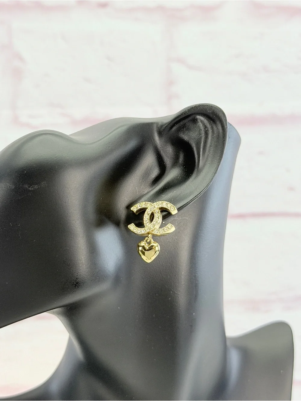 Chanel Metal Crystal CC Heart Drop Earrings Gold