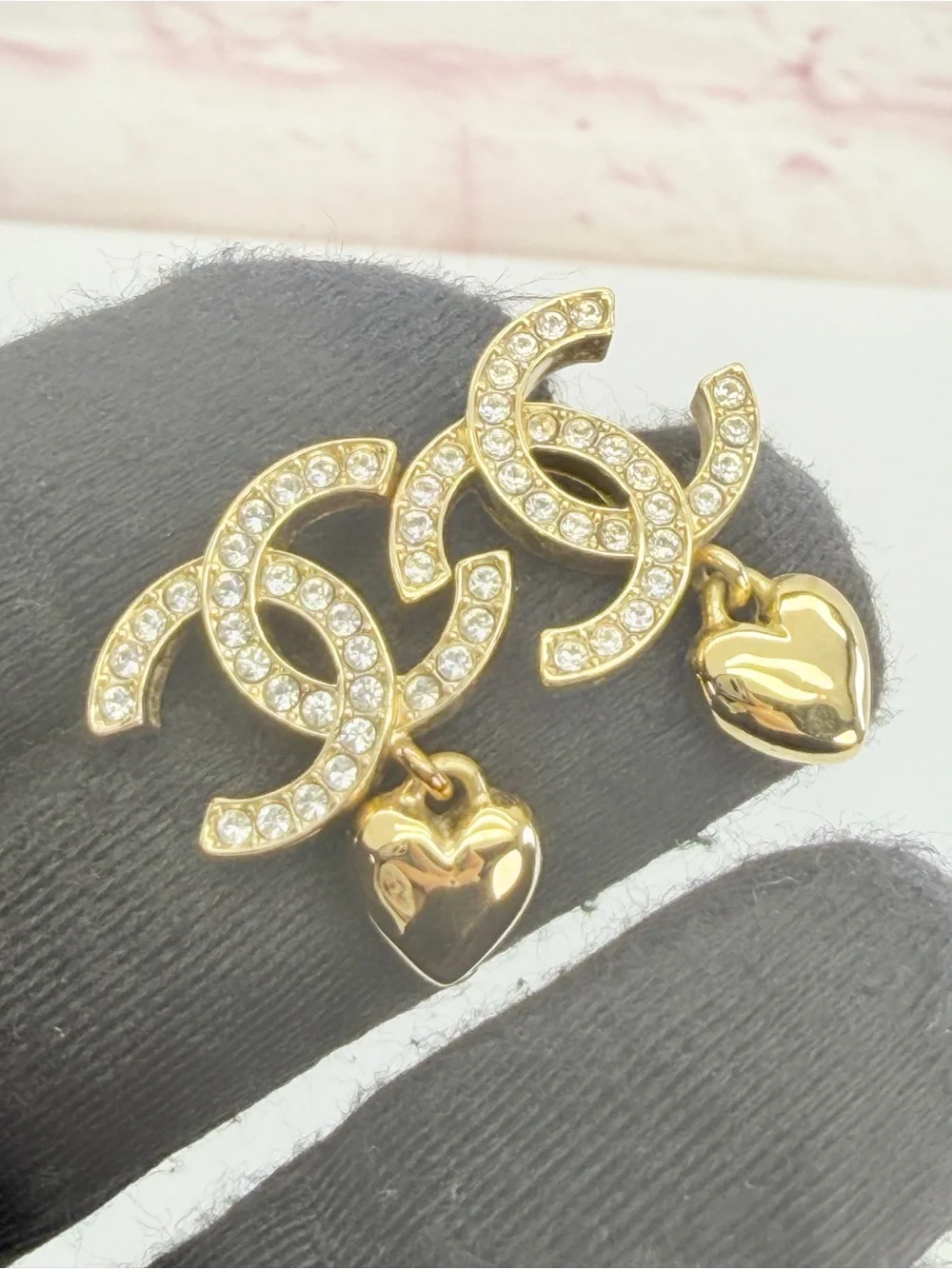 Chanel Metal Crystal CC Heart Drop Earrings Gold