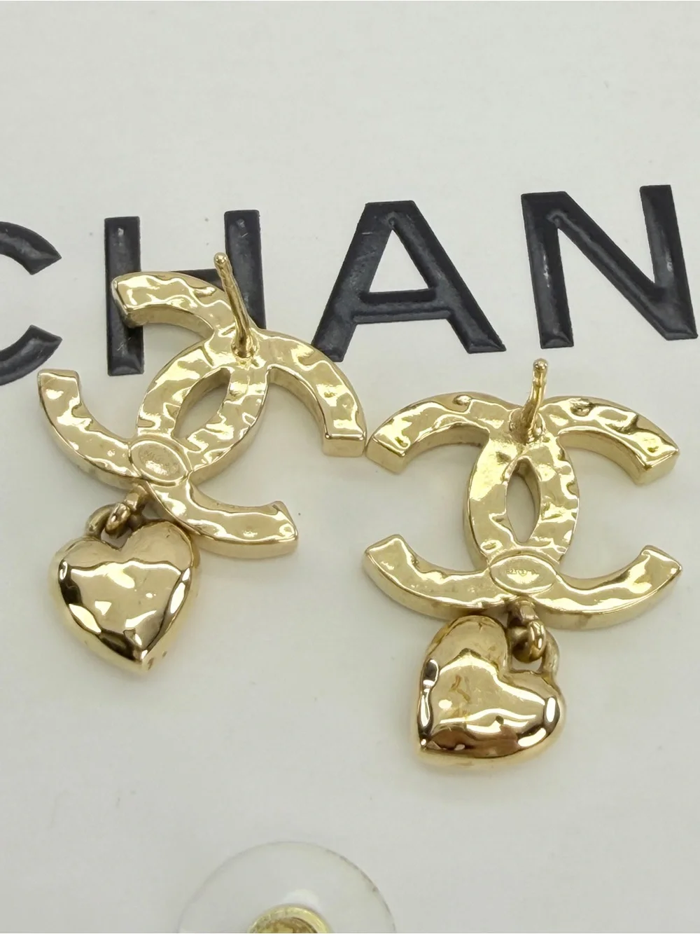 Chanel Metal Crystal CC Heart Drop Earrings Gold