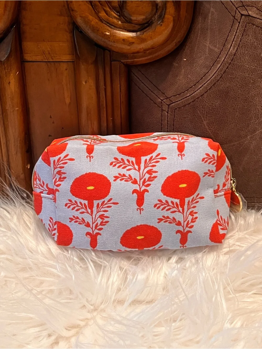 Floral Red & Light Gray Canvas Cosmetic Pouch