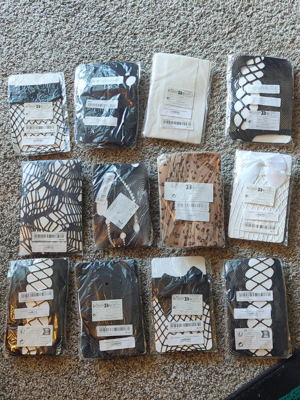 12 Pairs of Mixed Patterned Tights and Hosiery - Black, White, Beige