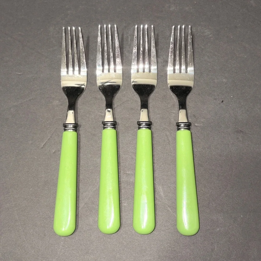 Set/4 Light Green Resin Handle Stainless Steel Dinner Forks Beaded Bolster 7.75