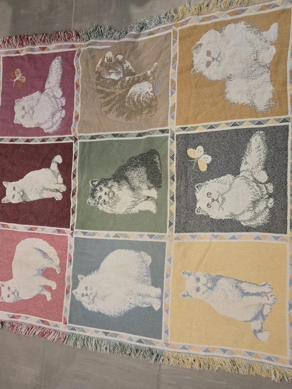 vintage 90s kitty cat tapestry throw blanket features a patchwork grid 46x66