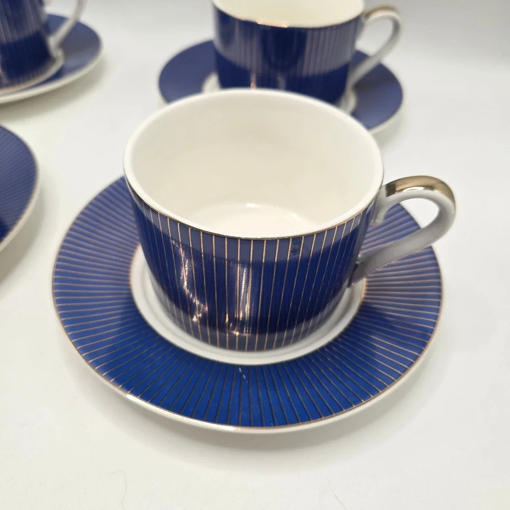 Cobalt Blue‎ Gold Pinstripe Tea Cup & Saucer Set 4 Fine Porcelain Tea Party