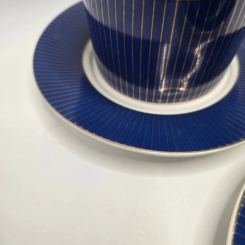 Cobalt Blue‎ Gold Pinstripe Tea Cup & Saucer Set 4 Fine Porcelain Tea Party