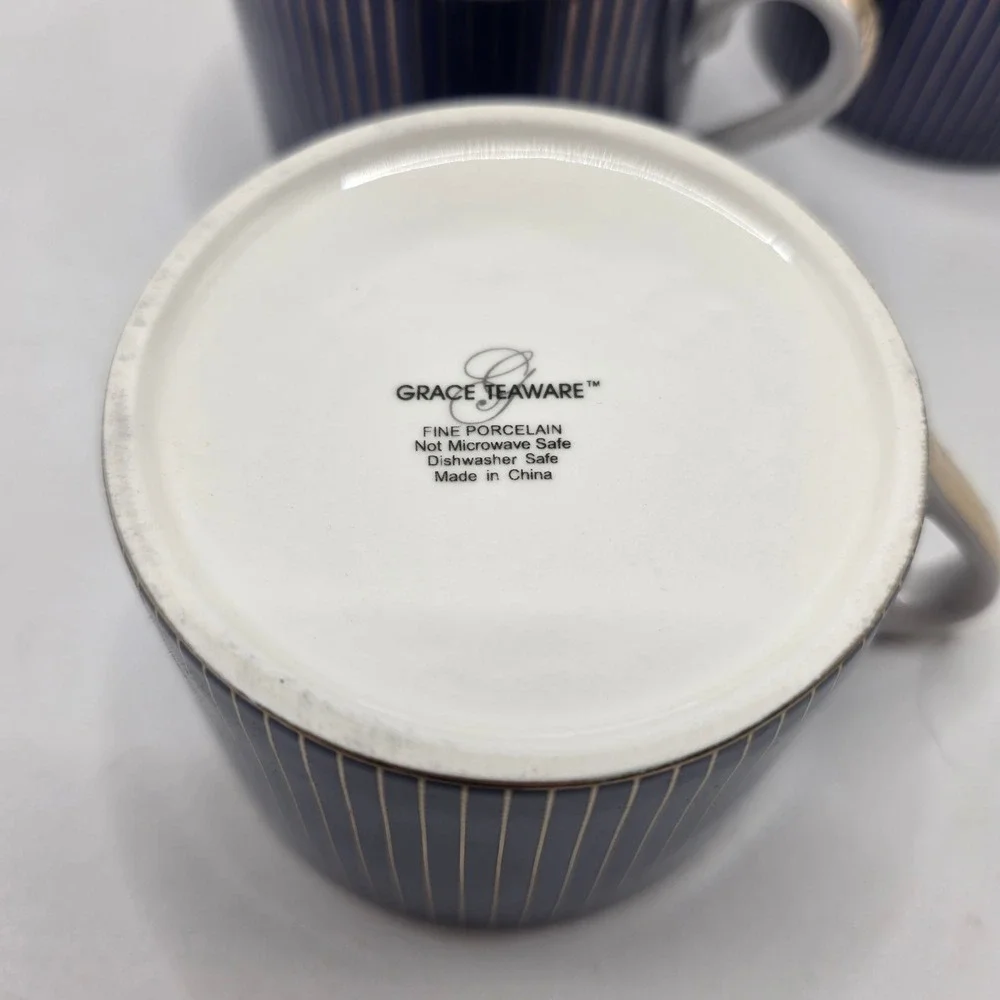 Cobalt Blue‎ Gold Pinstripe Tea Cup & Saucer Set 4 Fine Porcelain Tea Party