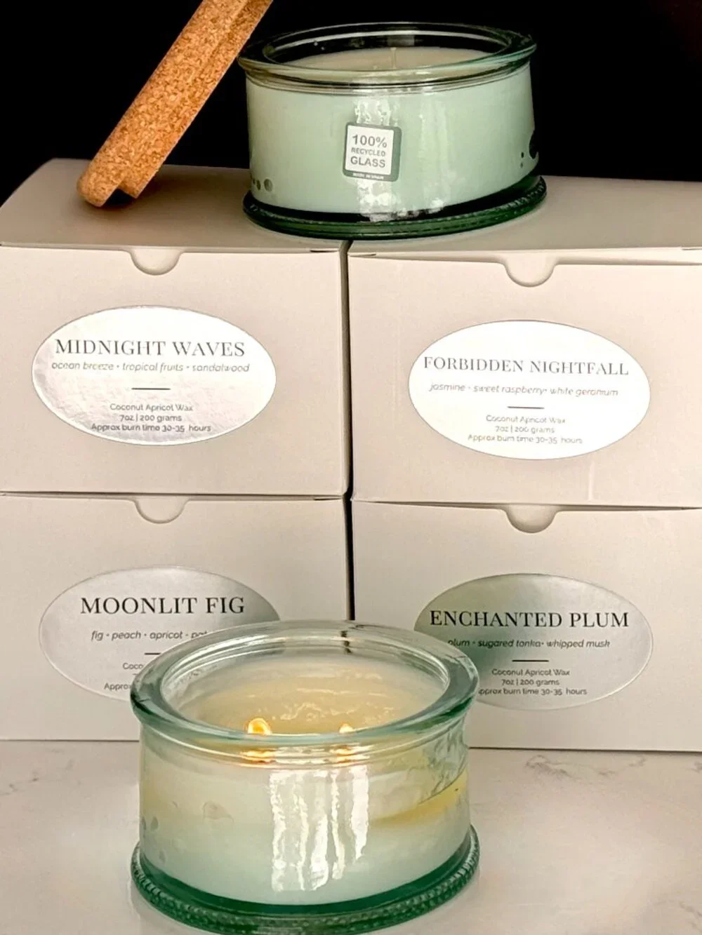 Midnight Waves Luxury Candle | Recycled Glass Vessel Crafted in Spain | Cork Lid