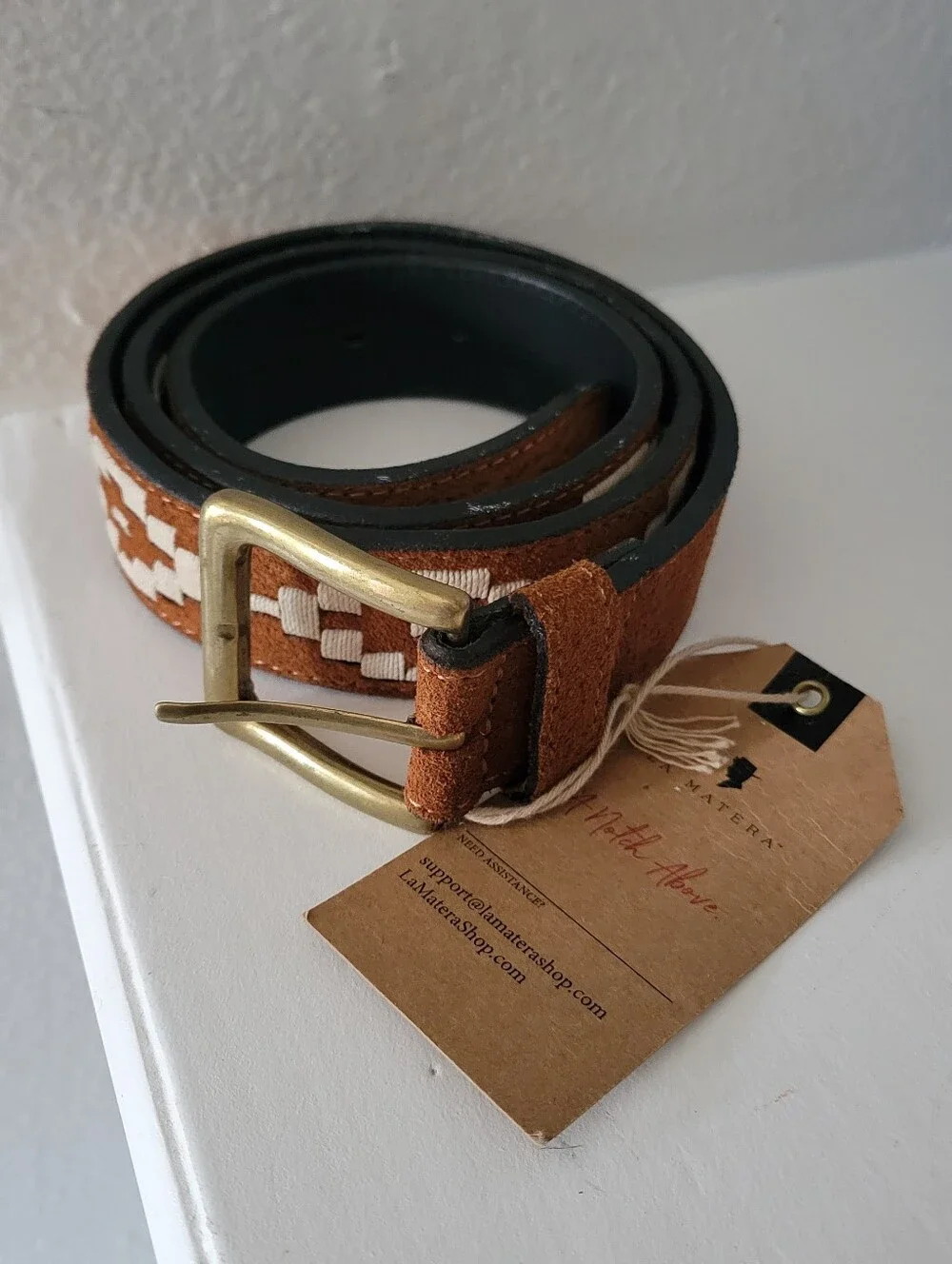 La Matera Men’s Western Style Belt Size 36 Brown Geometric Woven Inlay Leather