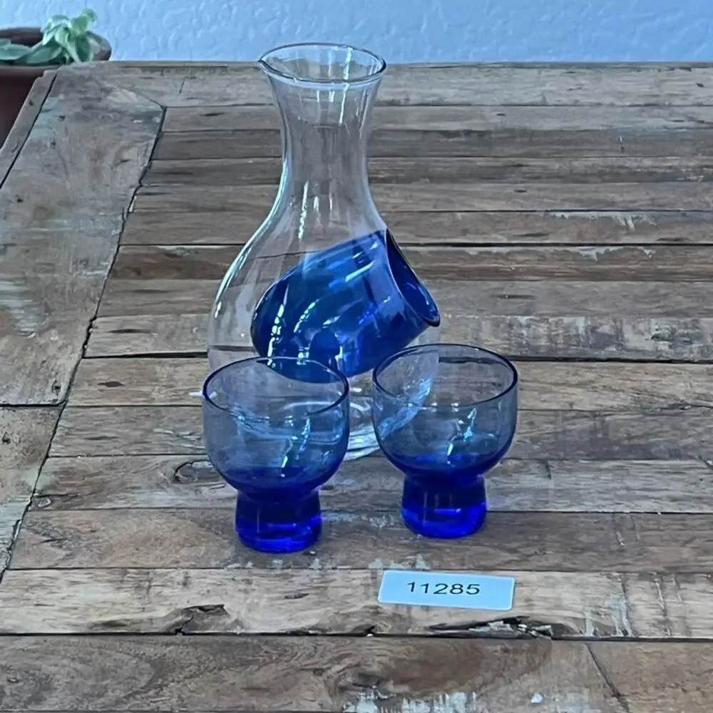 Tokyo Sasaki Glass Cold Sake Set Carafe Cobalt Blue Japanese Mid Century MCM