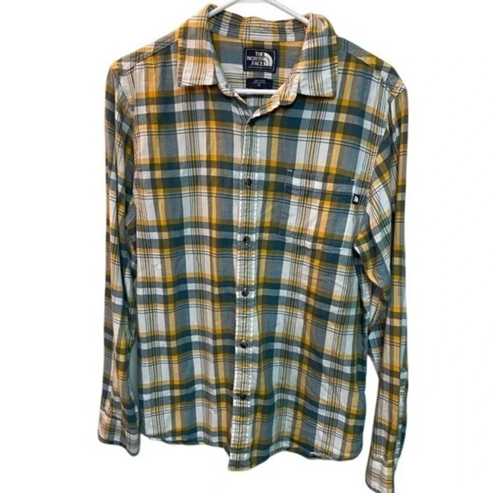 The North Face Mens Plaid‎ Button Down Shirt Yellow Blue Medium