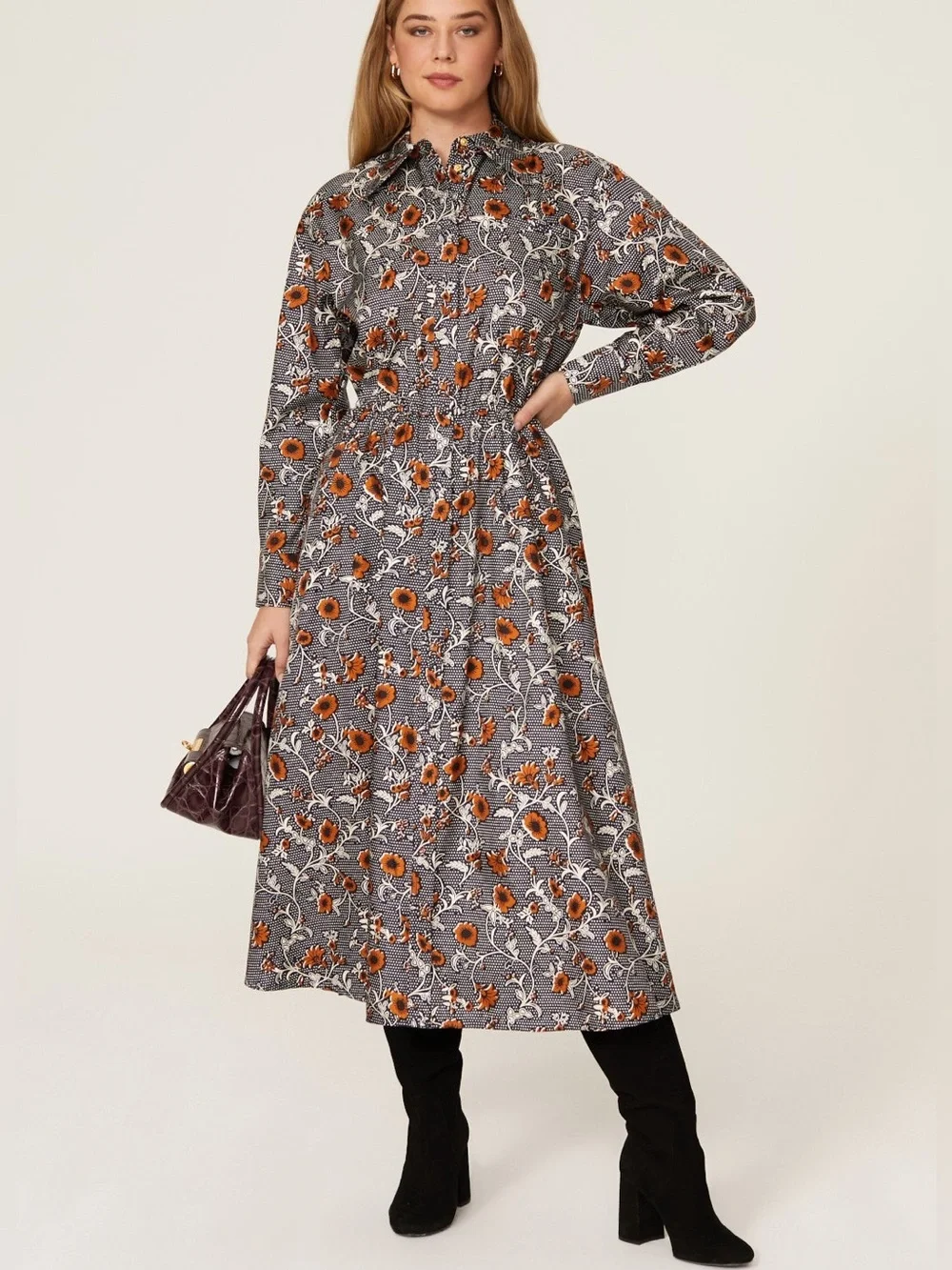 Tory Burch Dress Eleanor Silk Twill Shirtdress Floral Retro Block Print Size 12