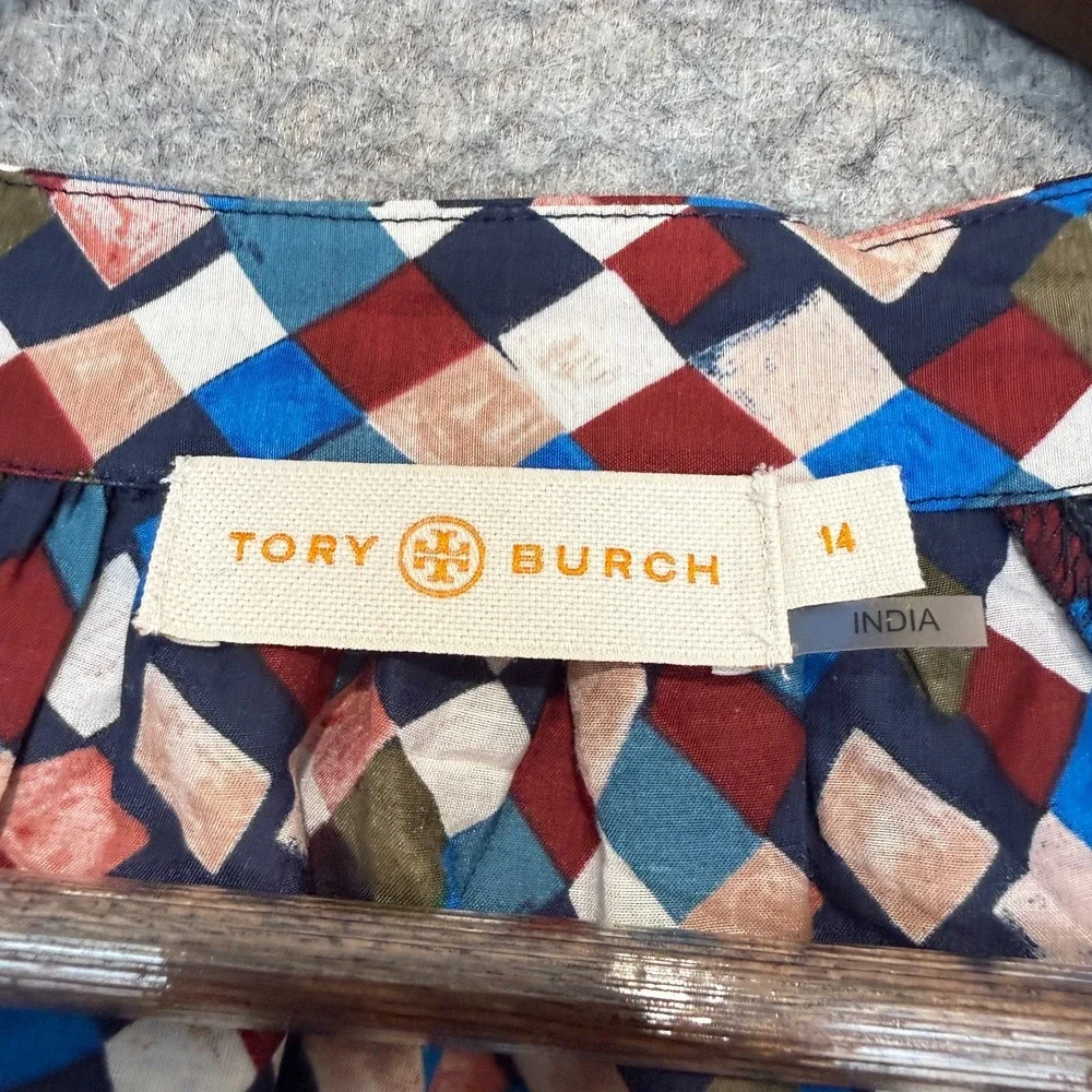 Tory Burch Blouse Womens 14 Geometric Masaic Plaid Lace Boho Tie Top Shirt