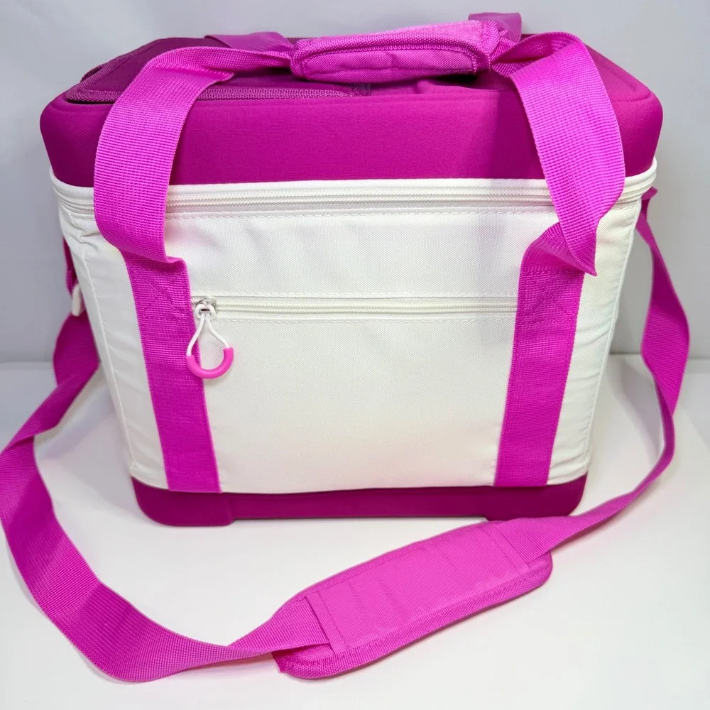Pink and White Insulated Soft Cooler Bag with Cup Holders and Shoulder Strap