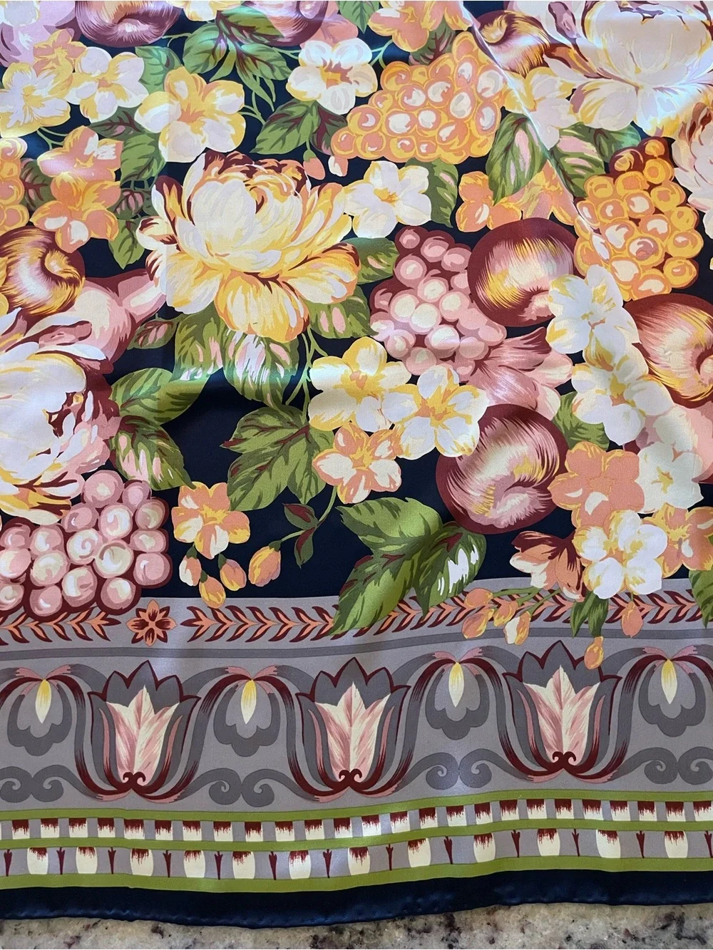 Pristine vintage 100% silk Floral Fruit Print Scarf - Yellow, Green, Black