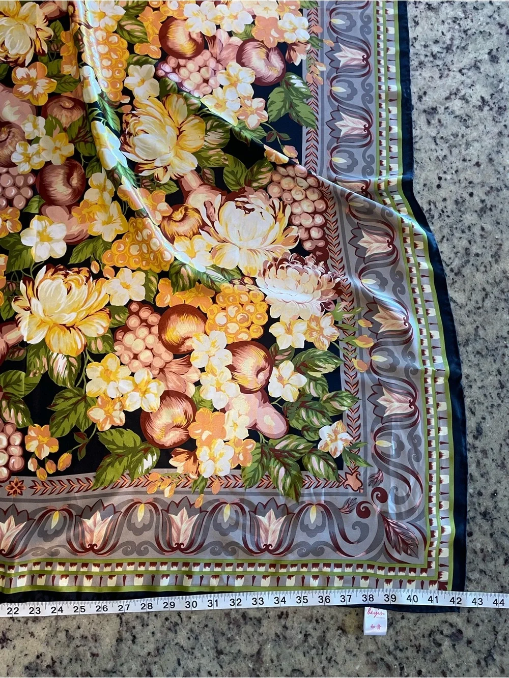 Pristine vintage 100% silk Floral Fruit Print Scarf - Yellow, Green, Black