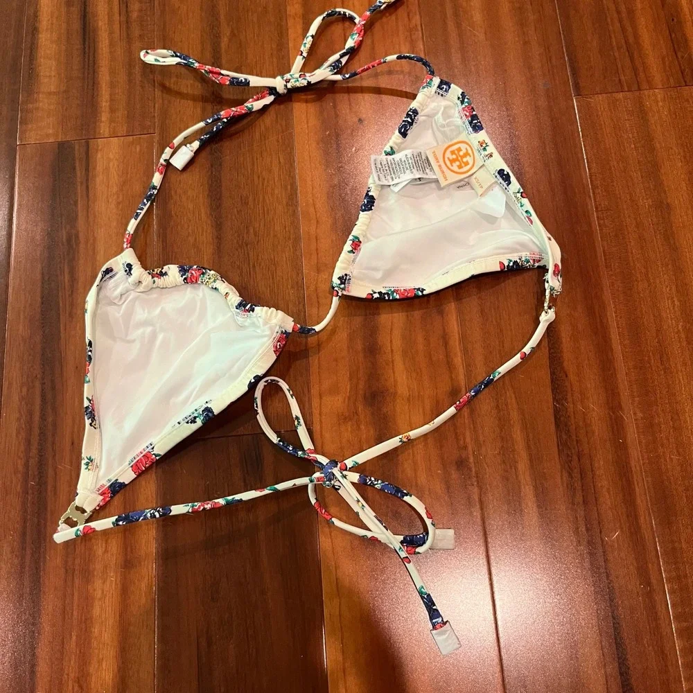 Tory Burch Bikini Top Floral Triangle Swim Red Navy Blue Halter Unpadded Size XS