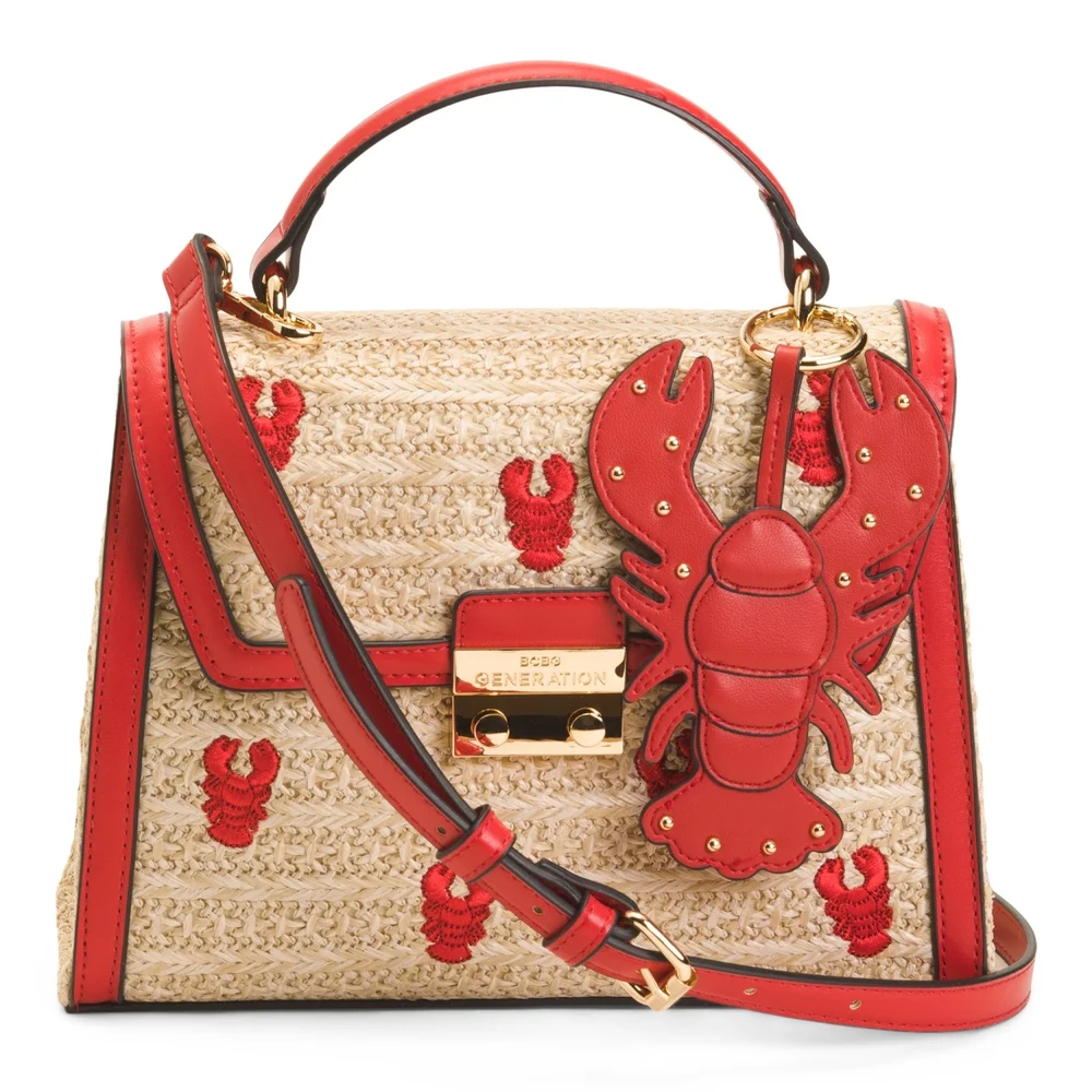 BCBGeneration Red & Natural Straw Satchel with Lobster Appliqué