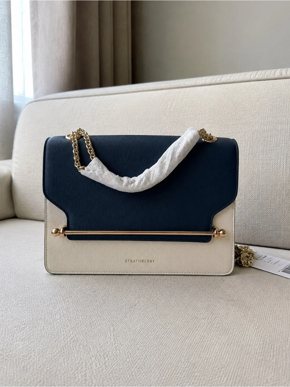 Tory Burch Navy and Cream Leather Crossbody with Gold Bar