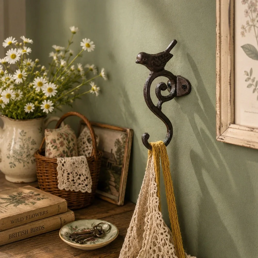 Cast Iron Perched Bird Scroll Wall Hook Rustic Farmhouse Cottage Decor