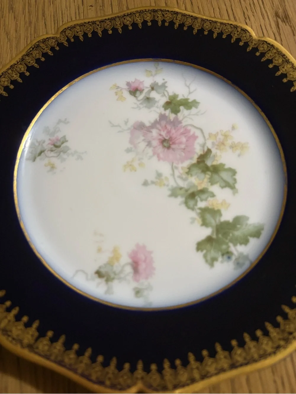 Limoges Cobalt and Gold Trim Dessert Plate with Pink Floral Motif