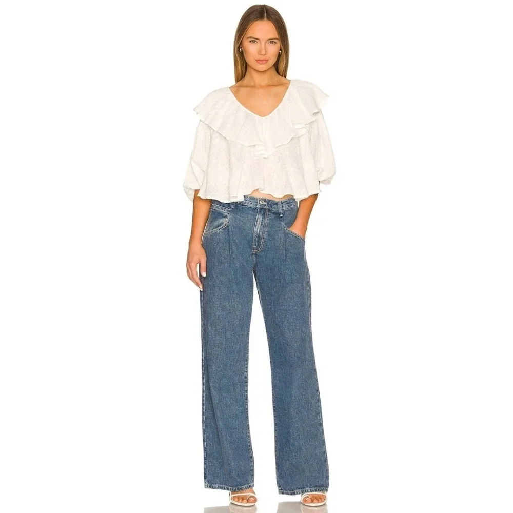 Free People – Zuri Orange Gauze Open Back Ruffle Puff Sleeve Crop‎ Blouse Size S