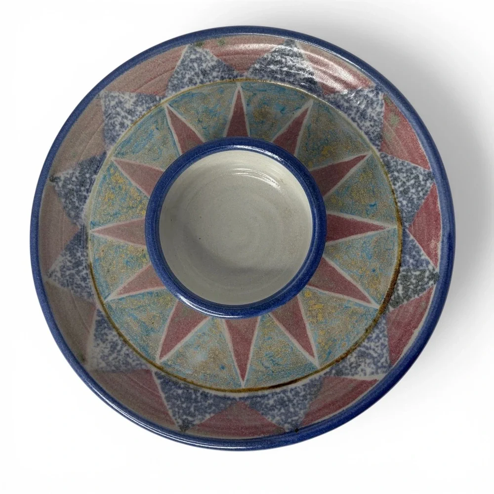 Signed‎ Handcrafted Art Pottery Chip & Dip Platter Tray Southwestern Geometric