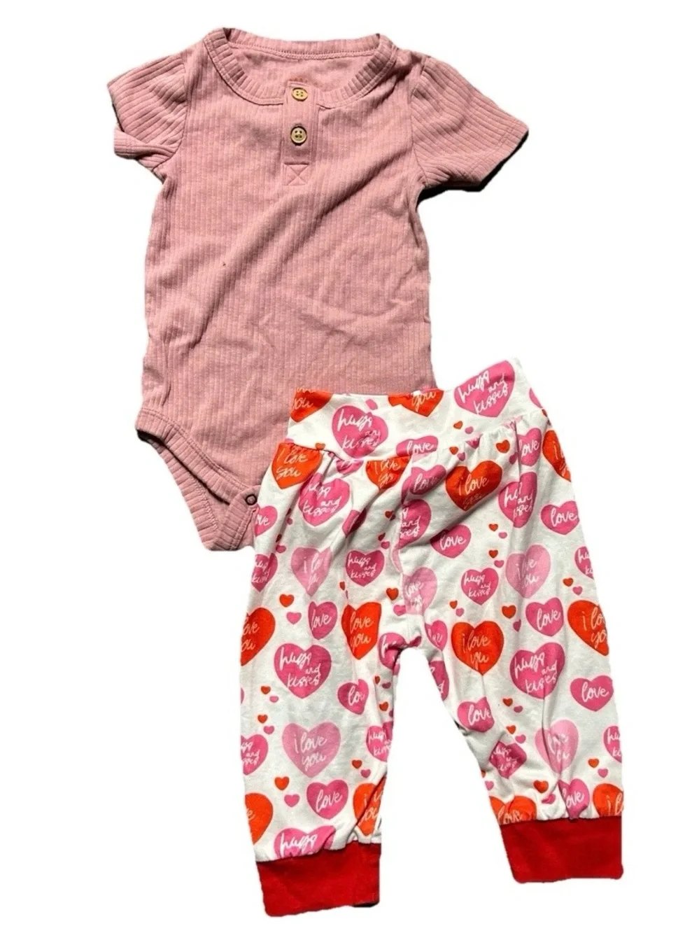 Baby Girl Valentine’s Day Pink Red Hearts Bodysuits Pants Size 3-6 Months