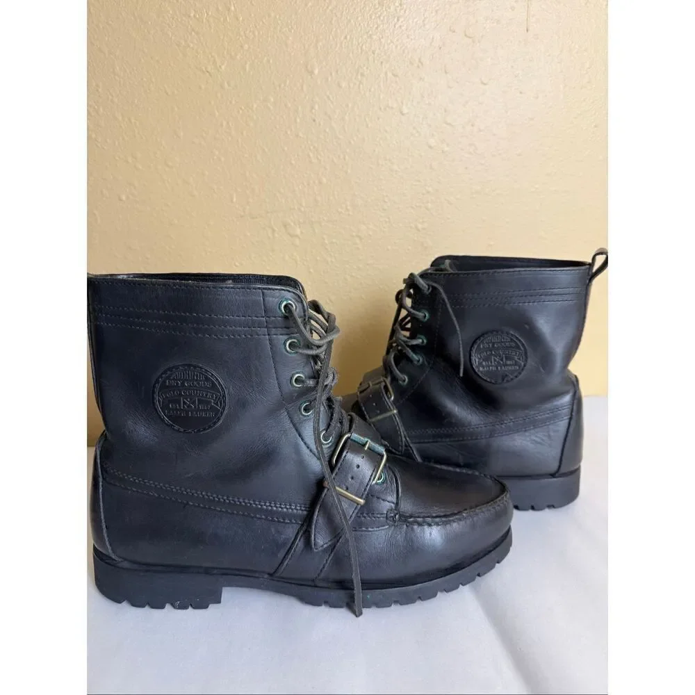 Polo Ralph Lauren Polo Country Black Leather Lace-Up Buckle Boots Mens Size 11