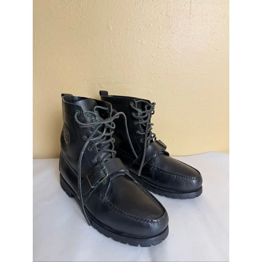 Polo Ralph Lauren Polo Country Black Leather Lace-Up Buckle Boots Mens Size 11