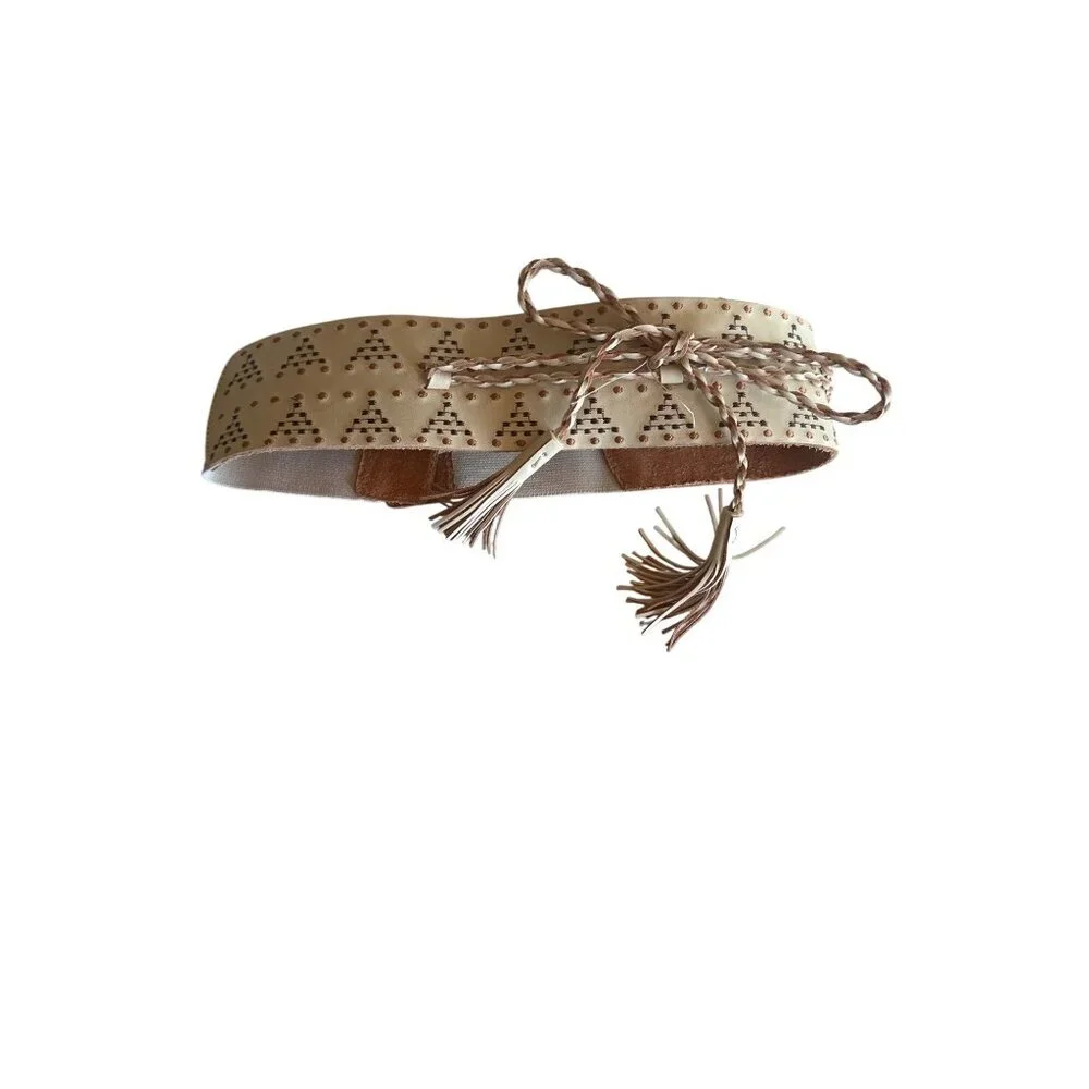 Beige Wide Waist Belt With Braided Tassels &‎ Embroidered Accents