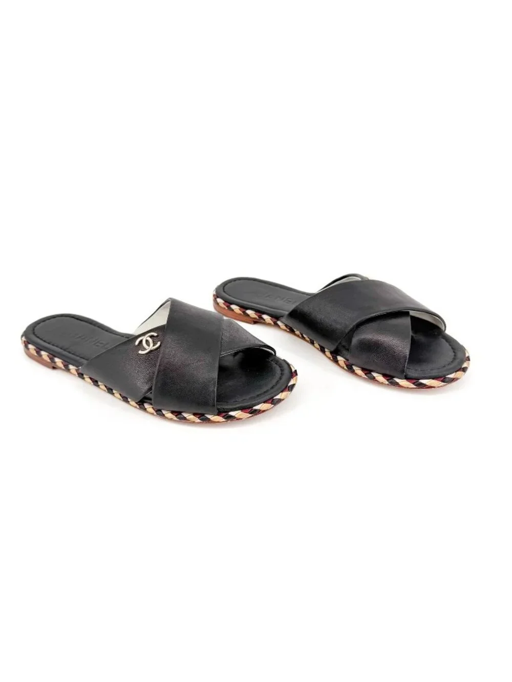 Chanel CC Braided Slide Sandals Black Leather Size 39C US 8-8.5 Wide Flat Mule