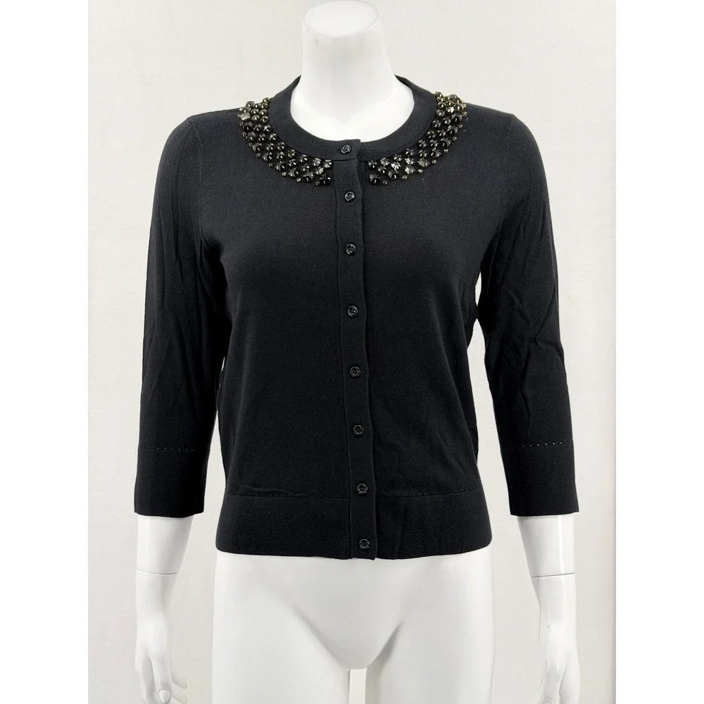 Kate Spade Sweater Womens Medium Black Kati‎ Cardigan Jeweled Collar Knit Preppy