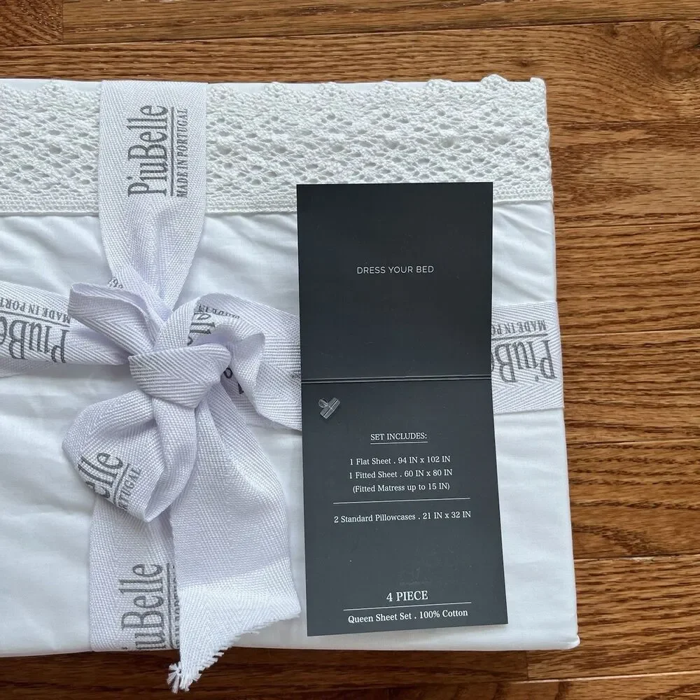 PiuBelle Portugal White Queen Sheets 4PC Cotton Percale Crochet Lace Cottage New