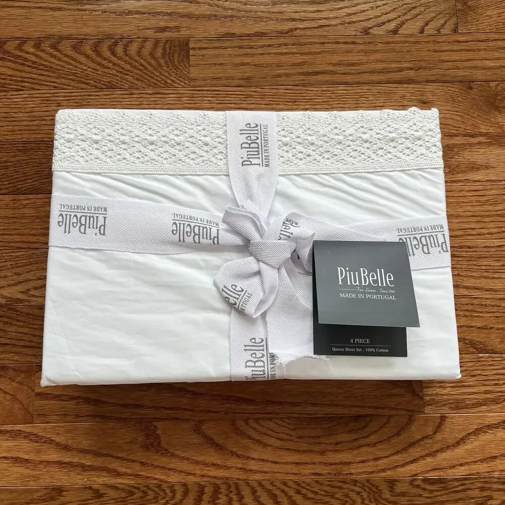 PiuBelle Portugal White Queen Sheets 4PC Cotton Percale Crochet Lace Cottage New