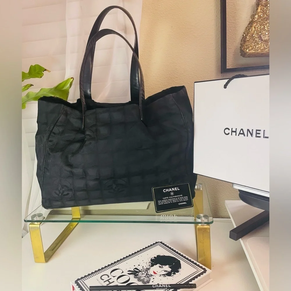 CHANEL Travel Line Tote MM Tote Bag Black Nylon JacquardLeather Women