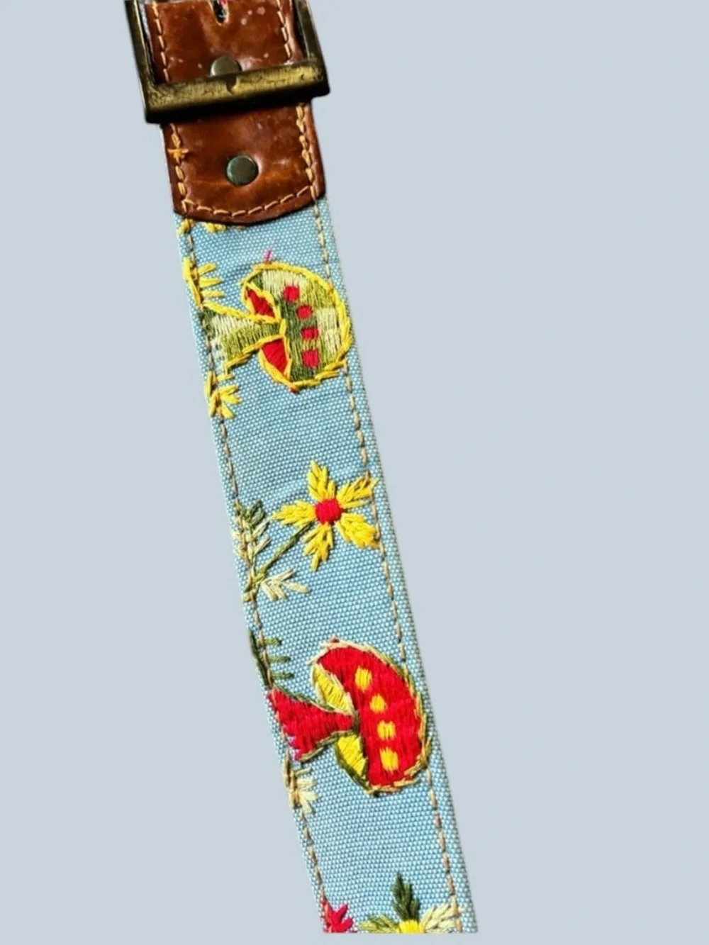 60’s 70’s vintage denim floral and mushroom embroidered leather unisex belt
