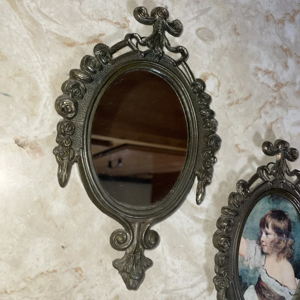 Pair Of‎ Vintage Ornate Metal Oval Picture Frames With Young Child & Mirror